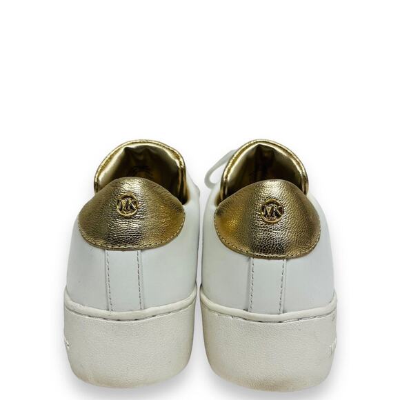 MICHAEL KORS White Gold Leather Irving Floral Accent Logo Lace Up Sneakers 6.5 - Picture 6 of 7